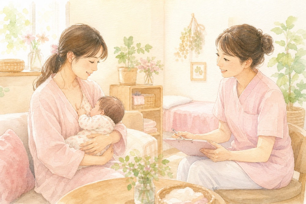助産院で授乳の相談にのる助産師とお母さんと赤ちゃん
