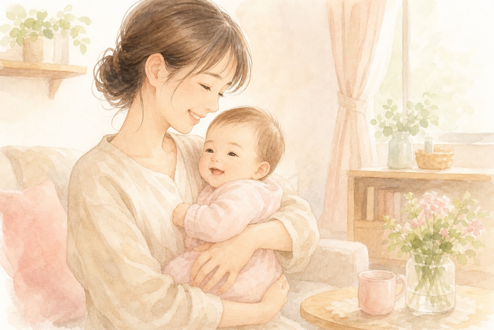 相談を終えて安心した笑顔で赤ちゃんを抱くお母さん