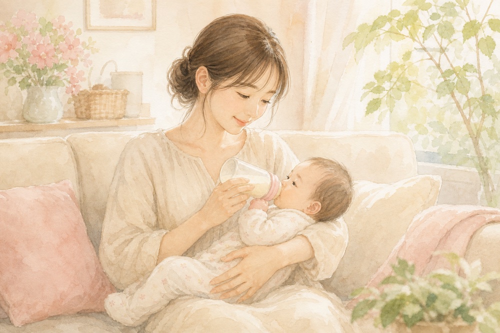 ソファで赤ちゃんにミルクをあげるお母さん
