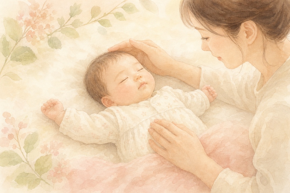 あおむけで眠る赤ちゃんとやさしく見守るお母さんの手