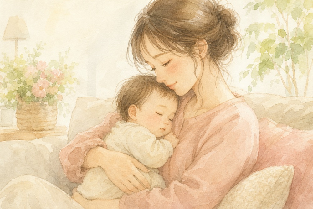 赤ちゃんをやさしく抱きかかえるお母さん
