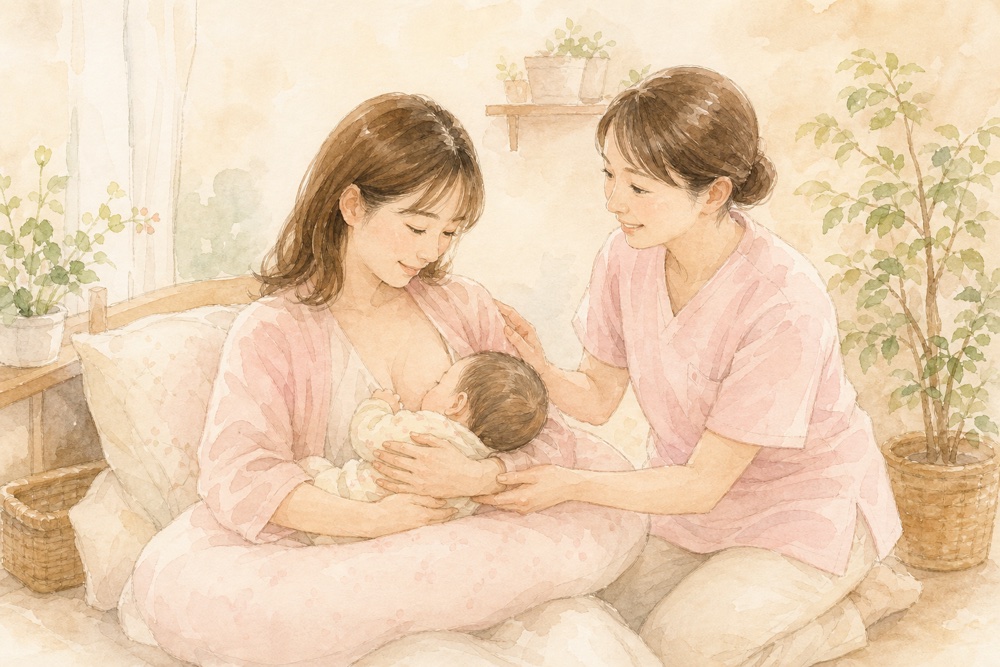 助産師がお母さんの授乳をサポートする様子