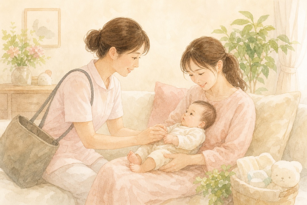 助産師が自宅を訪問して赤ちゃんとお母さんにケアする様子