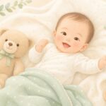 赤ちゃんが柔らかいブランケットの上で穏やかに横たわっているイラスト。赤ちゃんの便秘ケアについて解説する助産師ブログのサムネイル画像。