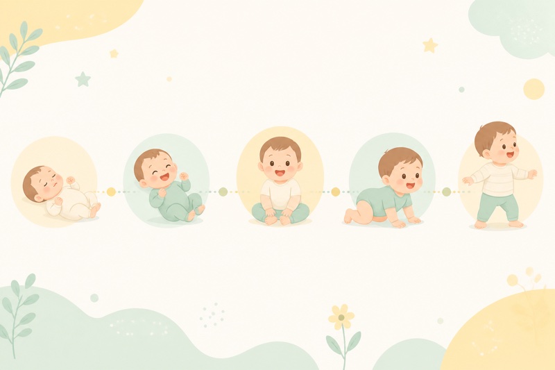 赤ちゃんの発達マイルストーンを点線でつないだタイムラインのイラスト