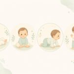 新生児から1歳まで赤ちゃんの発達の過程（寝る・座る・ハイハイ・立つ）を丸いフレームで表したパステルイラスト。月齢別発達を解説する助産師ブログのサムネイル。