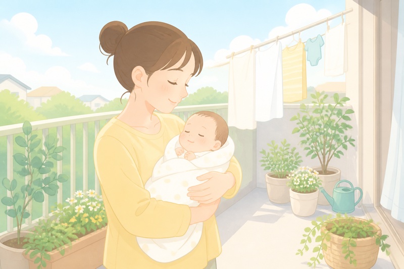 生後1ヶ月頃の赤ちゃんを抱っこして自宅のベランダで外気浴をするお母さんのイラスト。赤ちゃんとの外出の最初のステップ