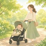 お母さんがベビーカーを押して公園を散歩するイラスト。赤ちゃんとの外出はいつから始めるかを解説する助産師ブログのサムネイル画像。