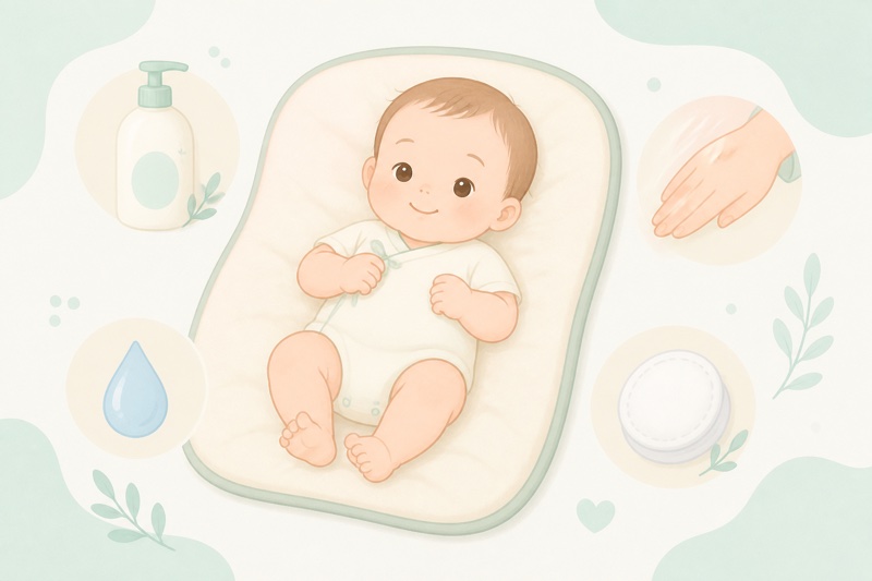 赤ちゃんのスキンケアに必要なアイテムをイラストで表現した図