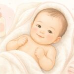 お風呂上がりにふわふわのタオルの上でリラックスしている赤ちゃんのイラスト。赤ちゃんのスキンケア・保湿ケアについて解説する助産師ブログのサムネイル画像。