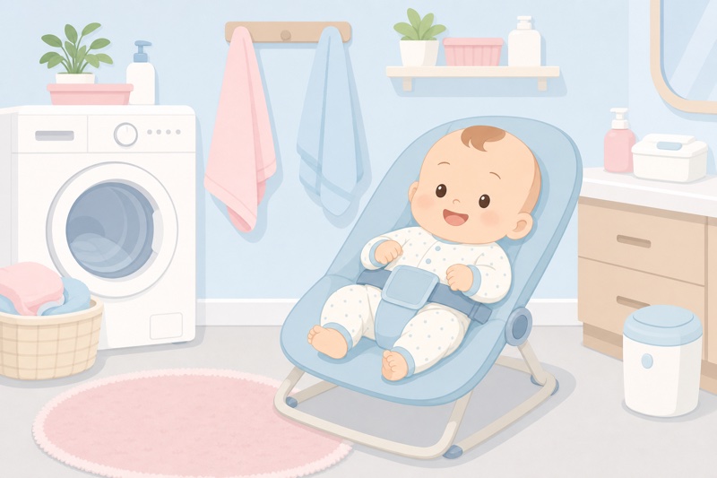 バウンサーで安全に待つ赤ちゃんのイラスト