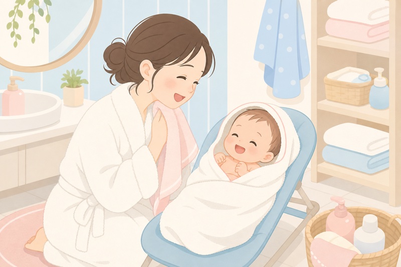 お母さんが膝の上で赤ちゃんを優しく洗っているイラスト