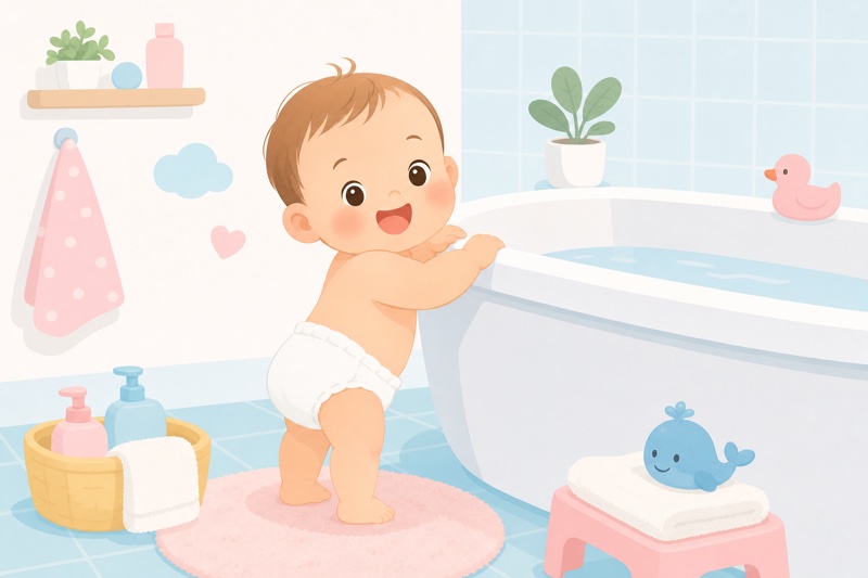 バスタブのふちにつかまり立ちして笑っている赤ちゃんのイラスト