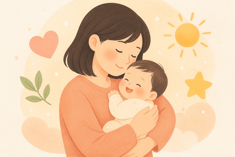 お母さんと赤ちゃんの絆をやさしく描いたイラスト。母乳育児がもたらす愛着形成・免疫・健康への恩恵をイメージ。