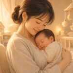 穏やかな光の中で赤ちゃんを抱きしめる日本人のお母さん。母乳育児がもたらす赤ちゃんとお母さんの絆と温かいつながりを表現したイラスト。もあな助産院の母乳育児サポート。