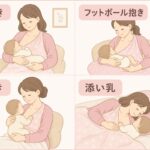 授乳の4つの抱き方の図解。横抱き・フットボール抱き・縦抱き・添い乳。