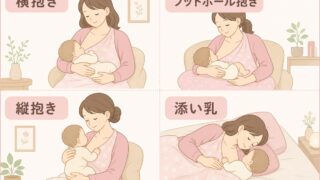 授乳の4つの抱き方の図解。横抱き・フットボール抱き・縦抱き・添い乳。