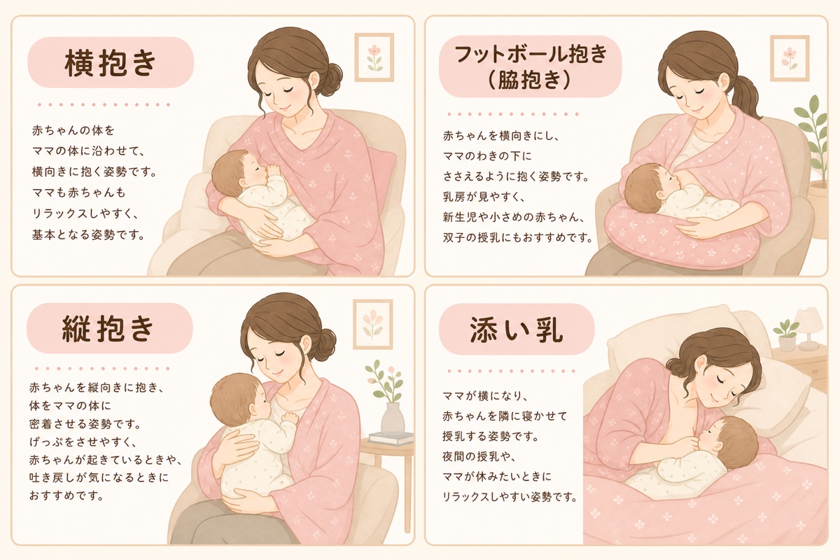 授乳の4つの抱き方の図解。横抱き・フットボール抱き・縦抱き・添い乳。