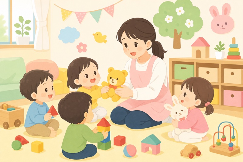 先生が子どもたちと楽しそうに遊んでいるイラスト