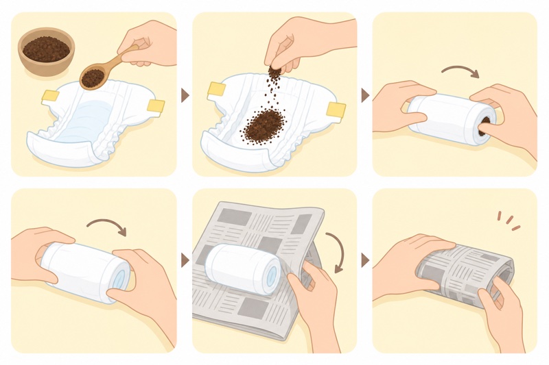 コーヒーの粉をおむつにふりかけて新聞紙でくるむ手順のイラスト