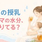 赤ちゃんを抱っこしながら麦茶で水分補給するお母さんのイラスト。夏の授乳中のママの水分補給を宮崎市のもあな助産院が解説。