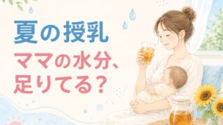 赤ちゃんを抱っこしながら麦茶で水分補給するお母さんのイラスト。夏の授乳中のママの水分補給を宮崎市のもあな助産院が解説。