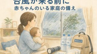 窓の外の台風を見ながら赤ちゃんを抱くお母さんと、水・懐中電灯・防災リュックのイラスト。台風前の赤ちゃんのいる家庭の備えを宮崎のもあな助産院が解説。