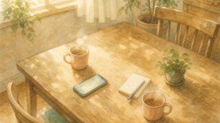 夫と話し合いにならないときの伝え方。LINE・手紙・対面を組み合わせる。木のテーブルにマグカップ2つとスマートフォン、メモとペンが置かれた、やわらかな水彩イラスト。宮崎・もあな助産院。