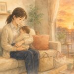 仕事復帰したら母乳はどうする。夕方、仕事から帰ってきたお母さんがソファで子どもを抱いて授乳している、やわらかな水彩イラスト。足もとに通勤バッグと保育園の手さげ袋。宮崎・もあな助産院。