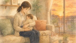 仕事復帰したら母乳はどうする。夕方、仕事から帰ってきたお母さんがソファで子どもを抱いて授乳している、やわらかな水彩イラスト。足もとに通勤バッグと保育園の手さげ袋。宮崎・もあな助産院。