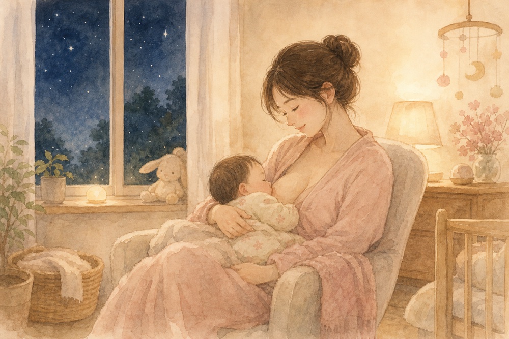 夜の部屋で赤ちゃんを抱っこして授乳するお母さんのイラスト