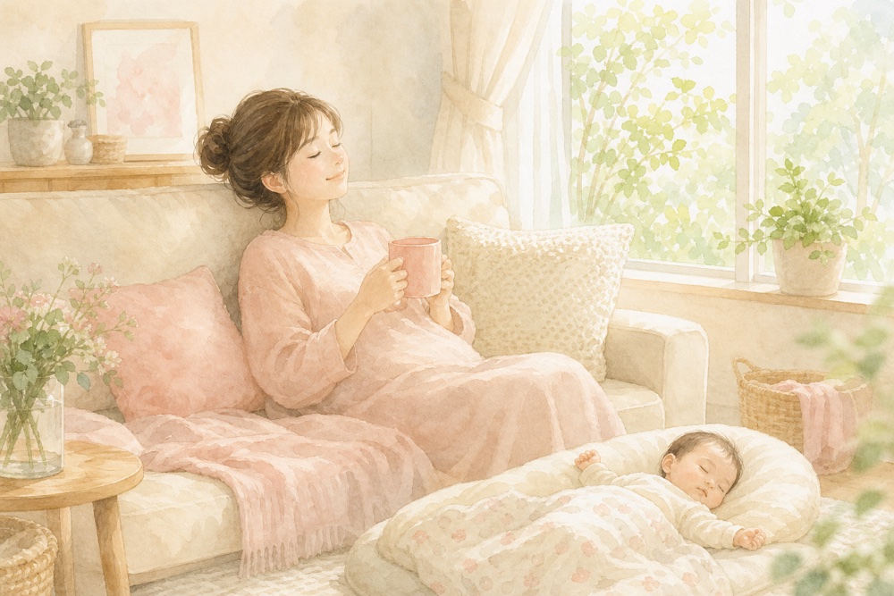 昼間に赤ちゃんが眠るそばでお母さんがソファで休んでいるイラスト