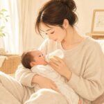 授乳中の赤ちゃんの様子をやさしく見守る産後のお母さんのイラスト。赤ちゃんがうまくおっぱいを吸えているかの観察ポイントをイメージした、もあな助産院の母乳育児サポート画像。