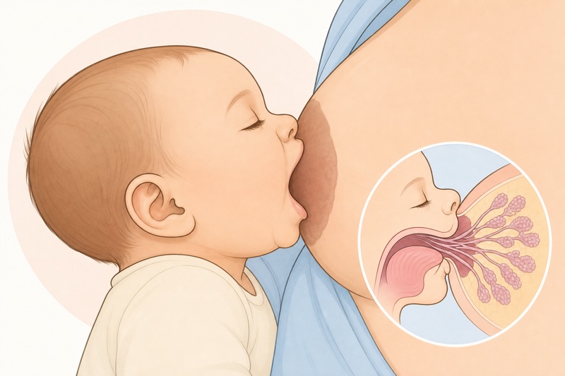正しいラッチオンの図解イラスト。赤ちゃんが口を大きく開け、乳首だけでなく乳輪まで深くくわえて乳房に吸着している様子と、乳腺の断面図を示した母乳育児の解説画像。