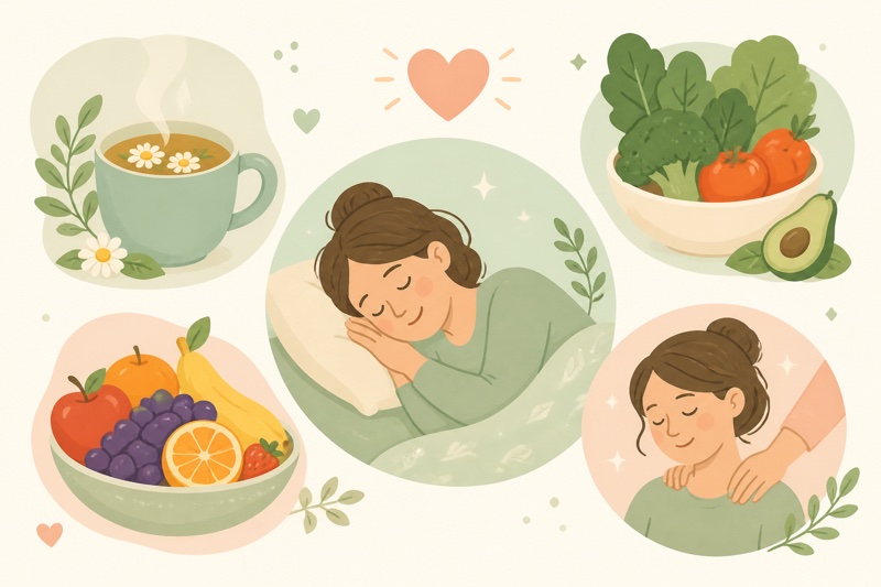 母乳の分泌を助ける食事・休息・マッサージ・水分補給などのセルフケアをやさしく描いたイラスト。授乳中のお母さんへの実践的なアドバイスをイメージした画像。