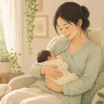 穏やかな光の中で赤ちゃんを抱き授乳するお母さんのイラスト。母乳育児を安心して続けるためのサポートと母乳の出し方を紹介するもあな助産院のブログ記事サムネイル。
