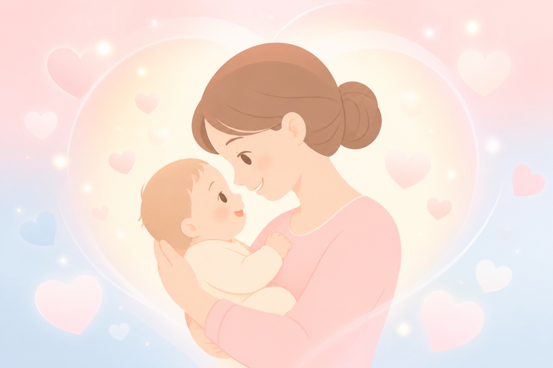 お母さんと赤ちゃんが目を合わせて愛着を育む温かいイラスト 心の発達と絆