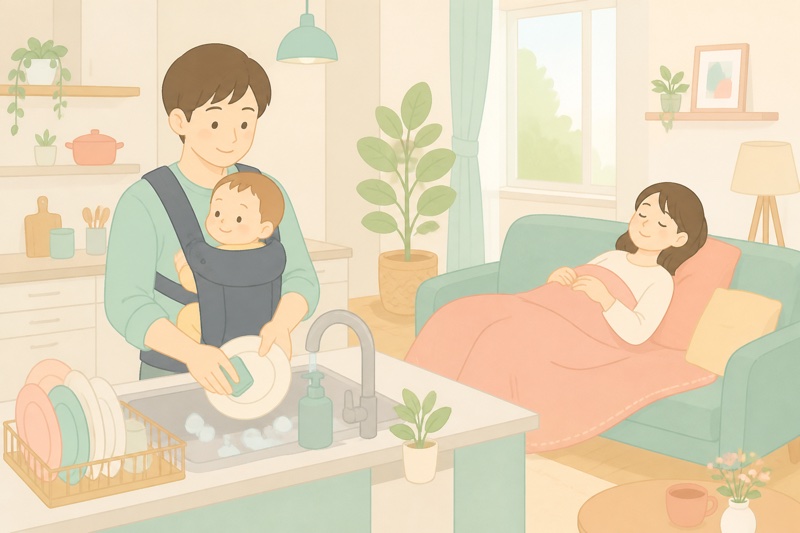 産後の役割分担のイラスト。赤ちゃんを抱っこ紐で抱きながら食器を洗うお父さんと、ソファで体を休める産後のお母さん