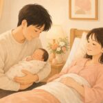 お父さんが新生児を優しく抱っこし、お母さんがベッドで休んでいる温かいイラスト。産後パパの役割と役割分担を解説する助産師ブログのサムネイル画像。