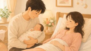お父さんが新生児を優しく抱っこし、お母さんがベッドで休んでいる温かいイラスト。産後パパの役割と役割分担を解説する助産師ブログのサムネイル画像。