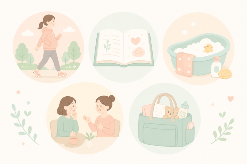 妊娠中にできる5つの準備をアイコンで表したイラスト