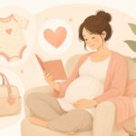 妊娠中の女性が本を読みながらリラックスしているイラスト。ベビー服・入院バッグ・ハートのアイコンが周囲に描かれた出産準備を解説する助産師ブログのサムネイル。