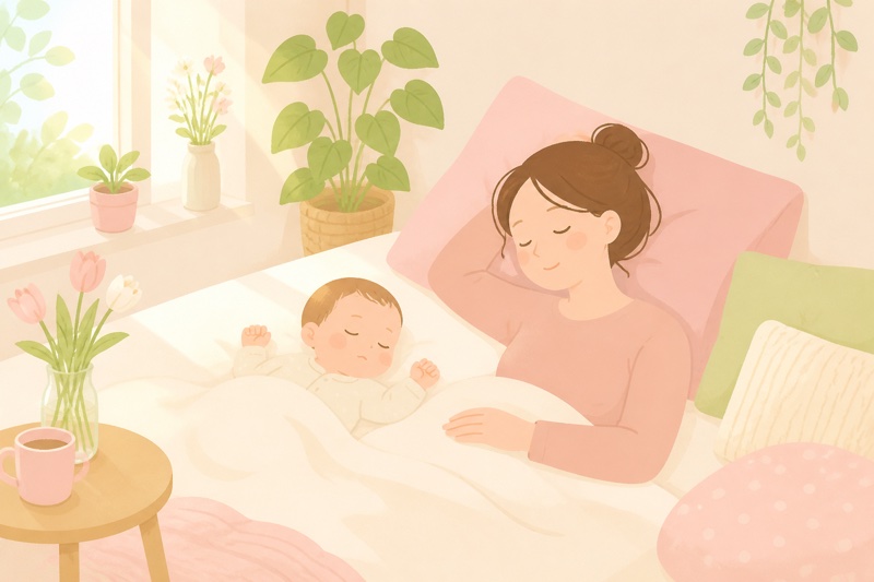 産後のお母さんが自宅でゆっくり休んでいる温かい室内のイラスト 赤ちゃんと一緒に休養