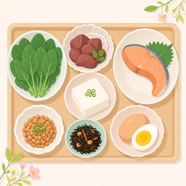 産後の栄養補給に役立つ食材のイラスト ほうれん草 鮭 豆腐 納豆 鉄分タンパク質豊富な食べ物