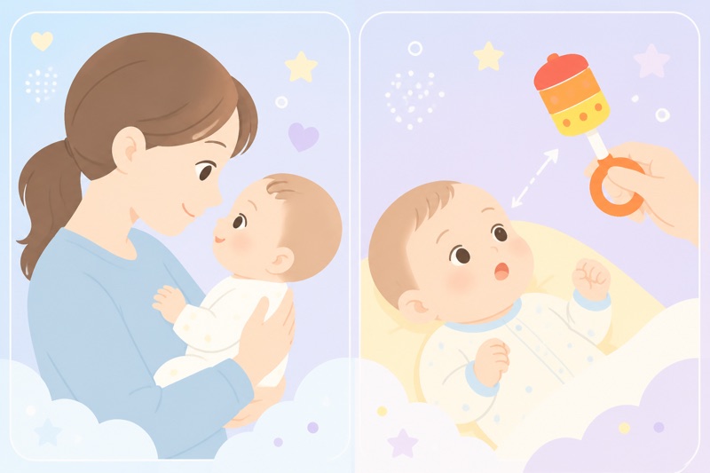 お母さんが赤ちゃんに顔を近づけて視線を合わせるイラスト 追視と視力発達