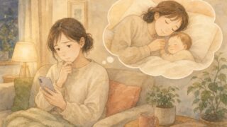 添い乳ってダメなの。スマホを見て考えこむお母さんと、吹き出しの中で赤ちゃんと寄り添って眠っている場面を描いた、やわらかな水彩イラスト。宮崎・もあな助産院。