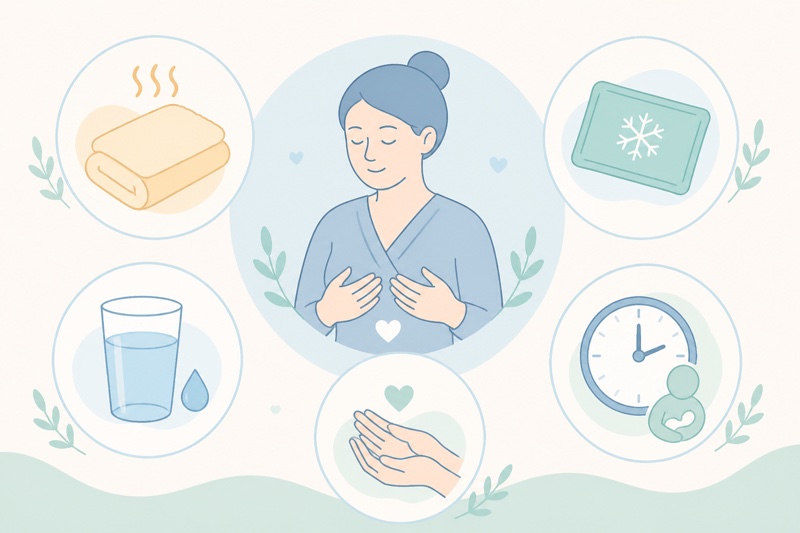 乳房の張り(乳汁うっ滞)のセルフケアを示したイラスト。温罨法・冷罨法・水分補給・やさしいケア・頻回授乳など、産後のお母さんが自宅でできる対処法をやさしく描いた解説画像。