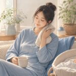 おっぱいの張り（うつ乳）に悩む産後のお母さんが、温かいタオルを使って自分をいたわりながら休んでいるやさしいイラスト。もあな助産院の乳房ケア・授乳サポートをイメージした画像。