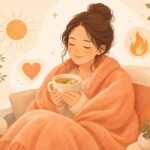 温かい毛布に包まれハーブティーを飲んでくつろぐ女性のイラスト。身体が温かいことのメリットと温活を解説する助産師ブログのサムネイル画像。
