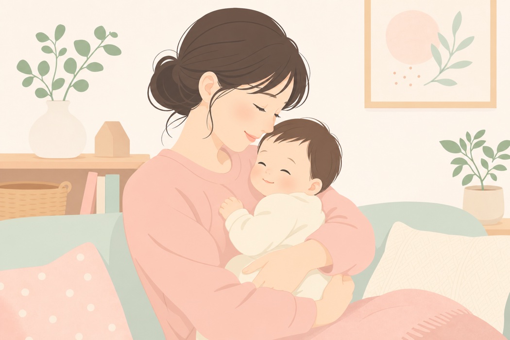 お母さんが赤ちゃんを優しく抱っこしている温かいイラスト